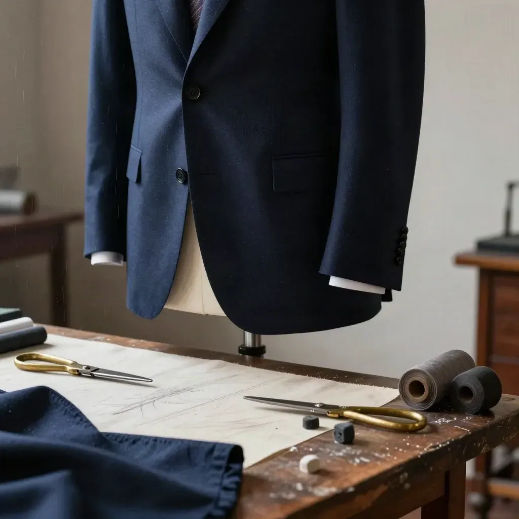 Abito blu navy su manichino in atelier milanese, con forbici e stoffe, luce mattutina drammatica.