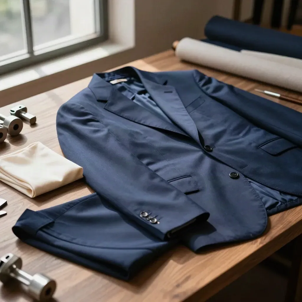 Giacca navy su forma in noce con piega pantaloni, pochette e lane in atelier caldo.