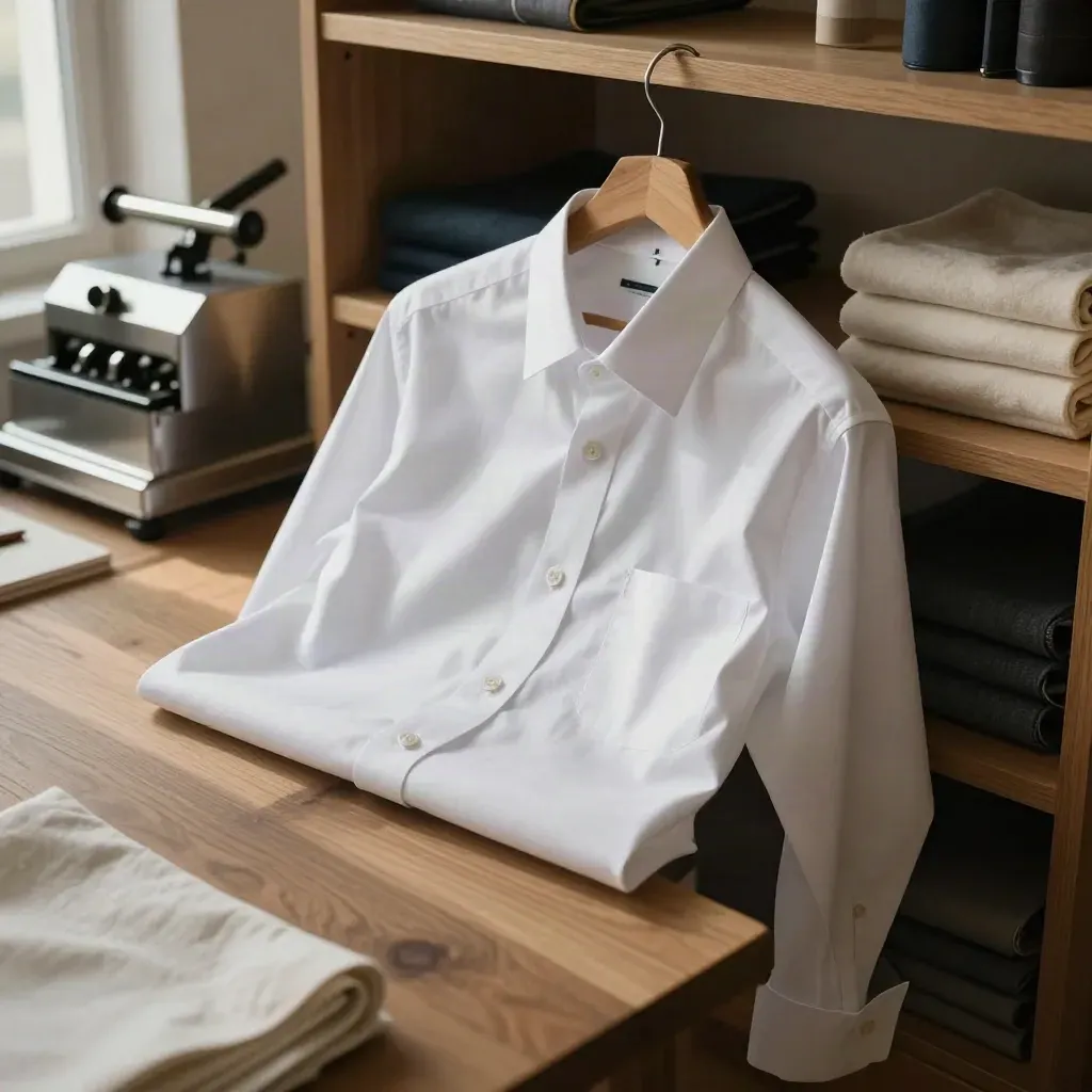 Camicia bianca su gruccia di cedro in sartoria, con dettagli in avorio e luce morbida.