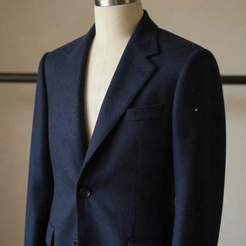 Giacca blu navy alterata su manichino, profilo più pulito, con polvere di gesso lieve