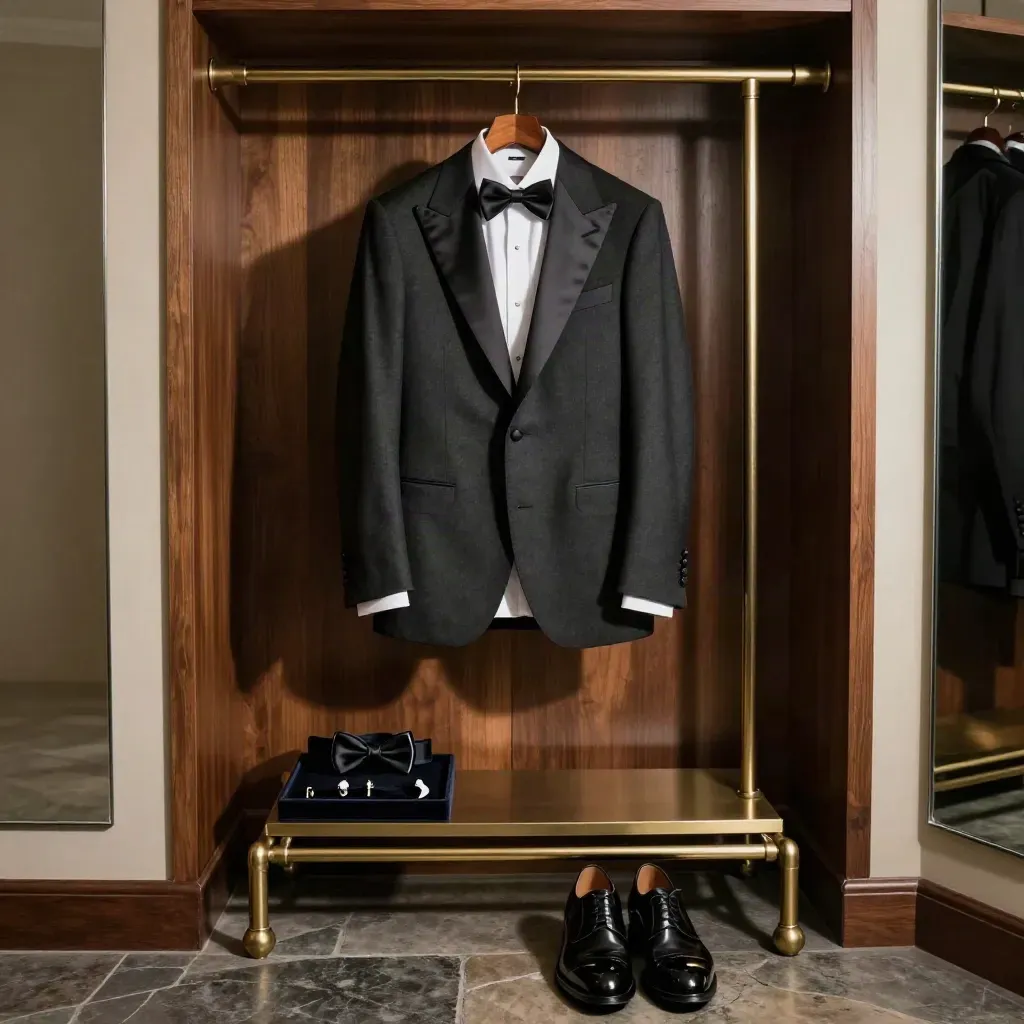 Completo da gala in un salotto sartoriale, con scarpe lucide e accessori pronti.