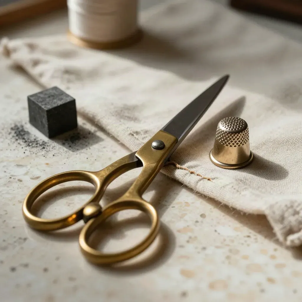 Forbici da sarto in ottone, gesso e ditale su una manica di lino consumata