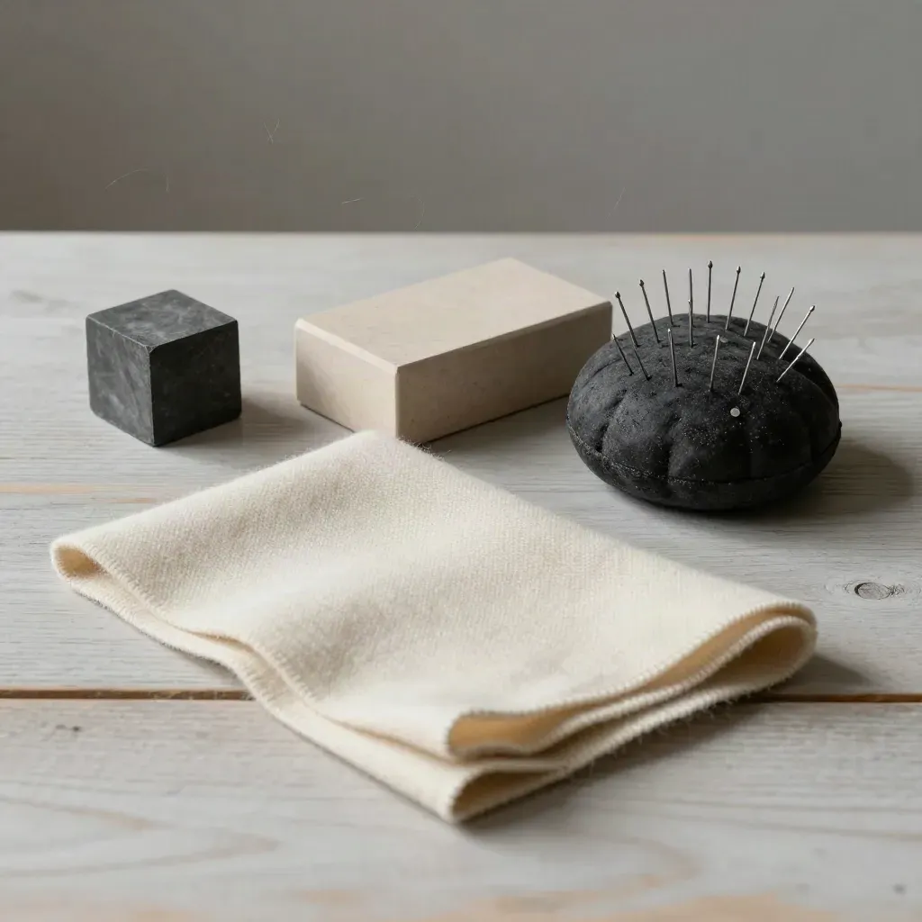 Still life dall’alto con gesso, blocco colletto, puntaspilli e campioni di lana su legno chiaro.