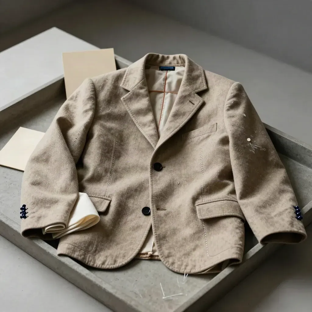 Busto sartoriale con giacca imbastita, spilli, segni di gesso e asse manica su vassoio in pietra.