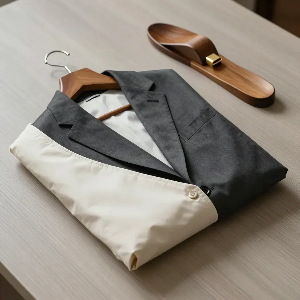 Abito finito avvolto nella carta velina, gruccia in cedro e forma scarpe su legno chiaro.