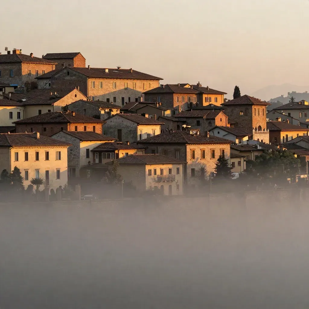 Bergamo Città Alta con mura in pietra e tetti terracotta al tramonto, sfondo morbido.